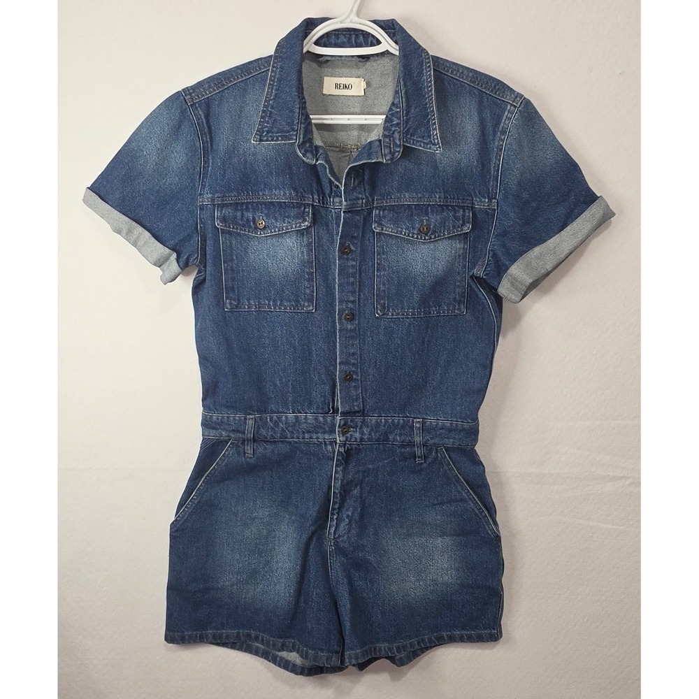 REIKO Catline Denim Romper Medium Wash Short Sleeve Utility Jumpsuit Size M
